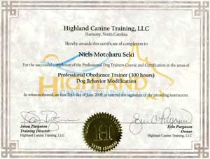 Highland K9 Pet Dog Trainer Certificate, USA